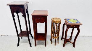 4 X VINTAGE STYLE TORCHE STANDS TO INCLUDE BAMBOO AND TILE TOP EXAMPLES.