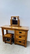MODERN SOLID OAK 3 DRAWER DRESSING TABLE WITH STOOL AND SWING MIRROR L 121CM H 77CM W 43CM.