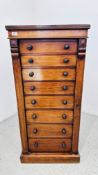 A VICTORIAN MAHOGANY EIGHT DRAWER WELLINGTON CHEST - KEY WITH AUCTIONEER. W 57CM D 39CM H 124CM.
