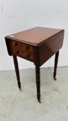 A VICTORIAN MAHOGANY DROP FLAP TWO DRAWER SIDE TABLE ON TURNED SUPPORTS TERMINATING WITH BRASS