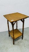 A BAMBOO FRAMED TWO TIER OCCASIONAL TABLE 36CM X 36CM X 67CM.