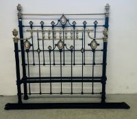AN ANTIQUE CAST & BRASS 4FT 6 BEDSTEAD, WITH DECORATIVE MOTHER OF PEARL INLAY.