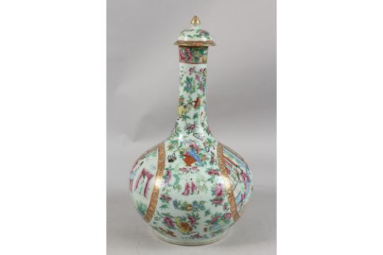 A CHINESE CANTON FAMILLE ROSE PORCELAIN LIDDED VASE, painted with panels of figures as well as - Image 6 of 9