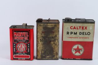THREE VINTAGE OIL CANS, Marvel Mystery Oil, Mobil and Caltex (3).