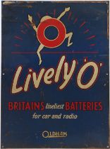 A VINTAGE LIVELY O BATTERIES ENAMEL SIGN, Oldham & Son Ltd. 62cms x 47cms.