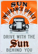 A VINTAGE SUN INSURANCE OFFICE "DRIVE WITH THE SUN" ENAMEL SIGN. 52cms x 36cms.