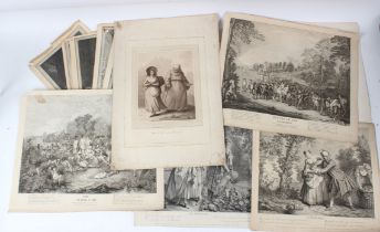 19TH CENTURY ENGRAVINGS mostly European to include AFTER A WATTEAU 'The Flying Camp' and 'The Return