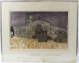 DOROTHEA M PATTERSON (20TH CENTURY) ''Grinton Church' coloured etching, 3/50 artists label verso, 32