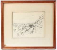 CHARLOTTE HALLIDAY 'Brancaster Marsh' pen and ink, exhibition label verso signed and dated 1960 22 x
