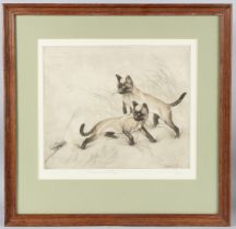 GEORGE VERNON STOKES Siamese cats and a grasshopper, colour etching 23/75 signed in pencil 24 x 29cm