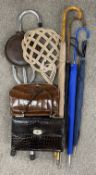 Shooting stick, parasols, crocodile handbags, carpet beater etc