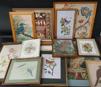 Quantity of framed needlepoint / crewel work / embroidered panels & framed collage of a pheasant