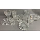Selection of cut glass including large vases, ashtray, large fruit bowls, biscuit barrels (one
