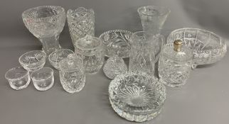 Selection of cut glass including large vases, ashtray, large fruit bowls, biscuit barrels (one