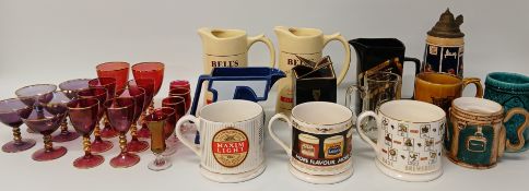 Selection of breweriana including water jugs, Wade mugs, Shipstones brewery pin, Johnnie Walker
