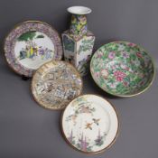 Large Oriental bowl with flower design (26cm), vase with Chinese dragon and children (32cm) and