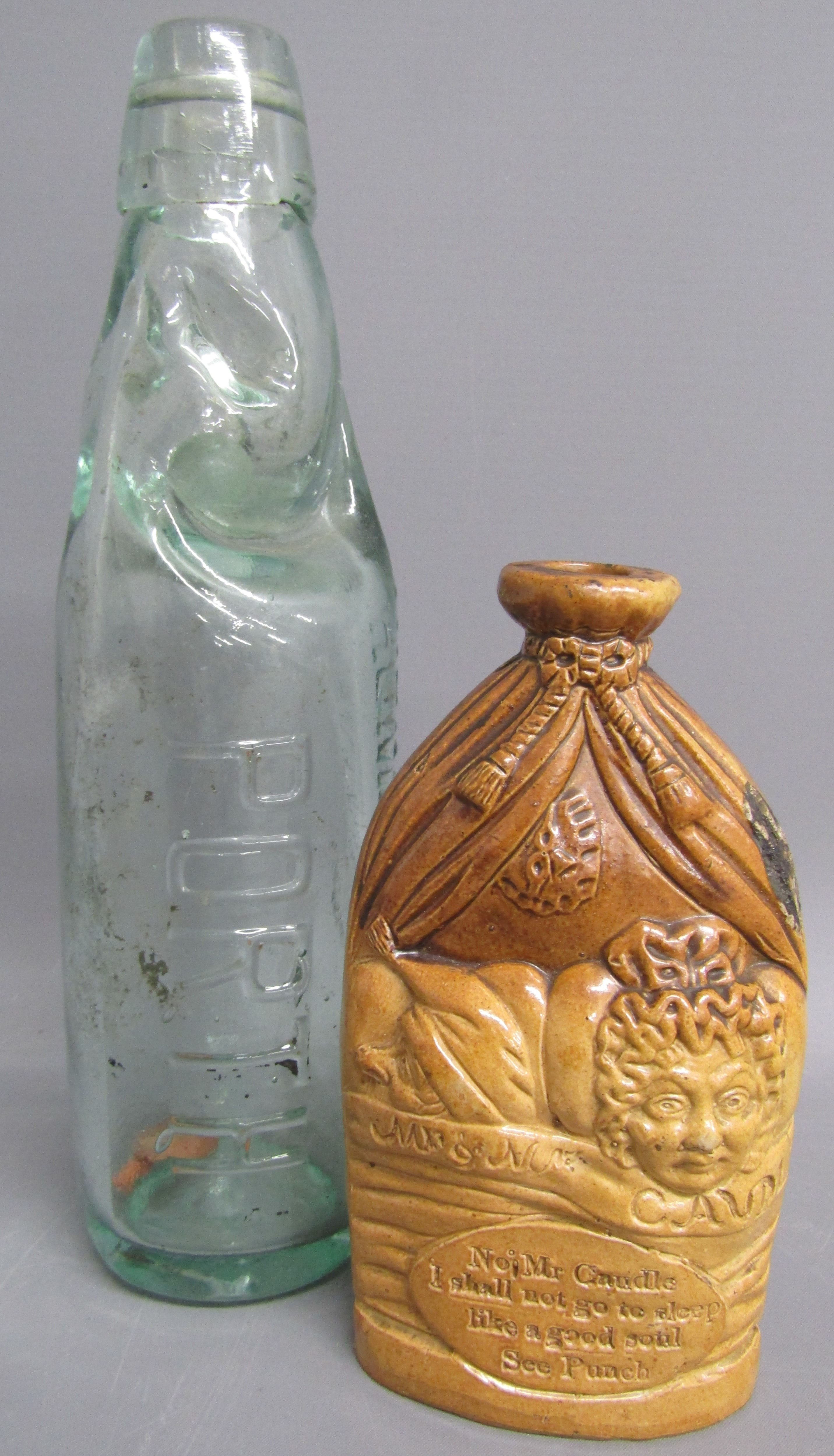 Doulton & Watts, Lambeth pottery, London Mr & Mrs Caudle stoneware bottle 'No! Mr Caudle I shall not