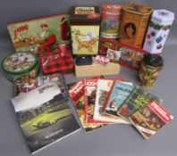Collection of tins, cook book, hymn books and Bonham's 2016 Goodwood Festival of Speed catalogue