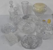 Selection of glass including large candle holder with candle and other candlesticks, decanters,