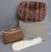Vintage handbag with original mirror and key, white mink collar and mink fur hand warmer with zip