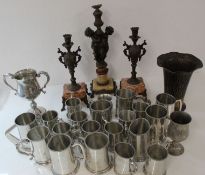 Pewter tankards, 2 handled cup, pair of spelter candlesticks with marble bases, a lamp base and a
