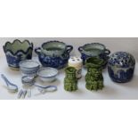Four Ironstone blue vases, saucers and bowls (largest 15cm high), set of four Chinese bowls,