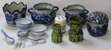 Four Ironstone blue vases, saucers and bowls (largest 15cm high), set of four Chinese bowls,