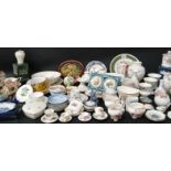 Selection of Aynsley, Wedgwood, Coalport trinket pots, vases, plates, 3 David Winter cottages,