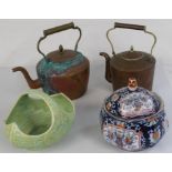 Wade Flaxman basket bowl, 20 century Oriental style covered bowl and 2 copper kettles
