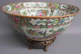 Large Chinese famille rose 4 panel bowl with wooden stand - approx. 30.5cm dia. & 12.5cm high