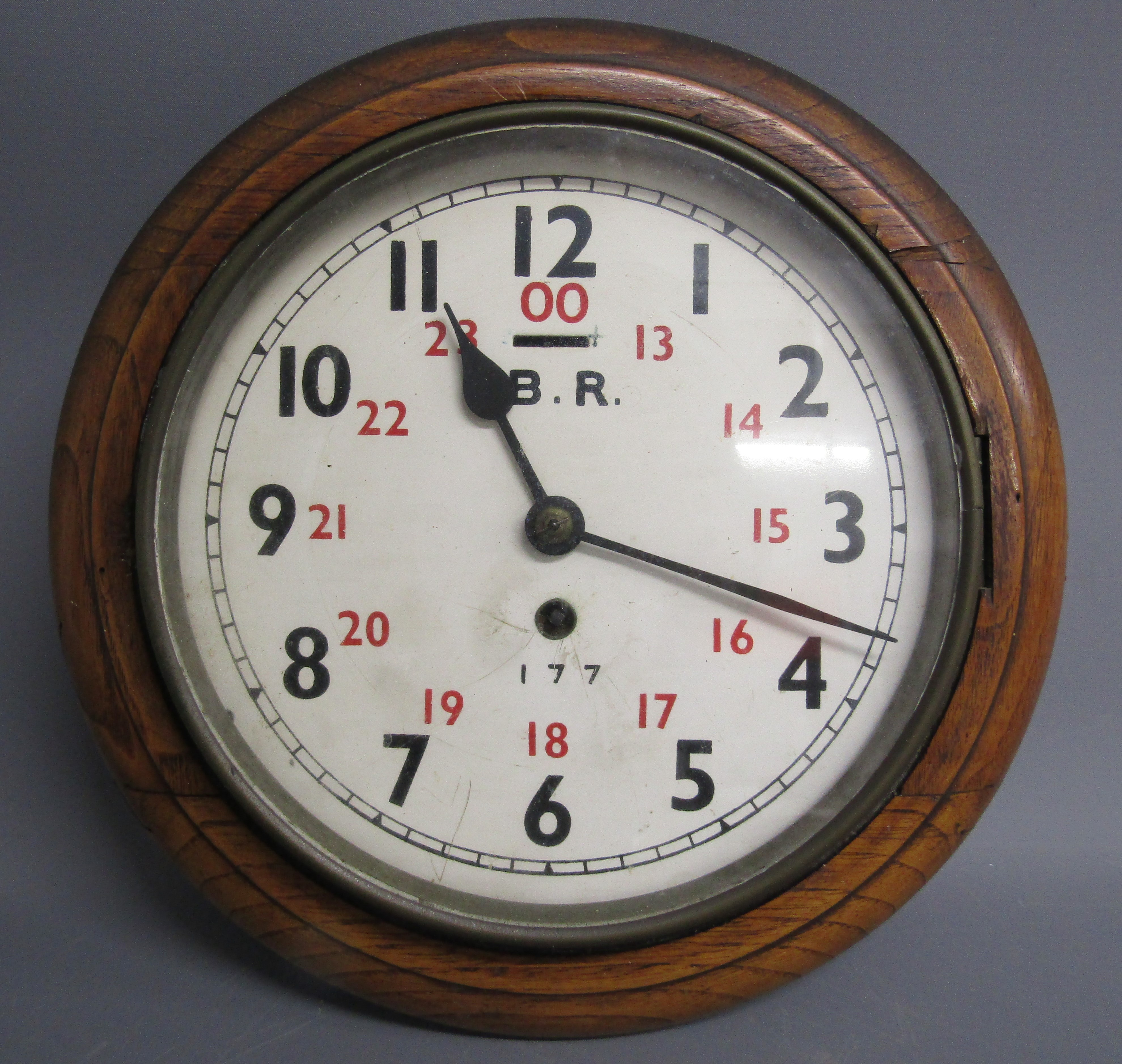 8" Railway clock with wooden surround - possibly John Walker - marked B.R 177 to face - the back has - Image 2 of 6