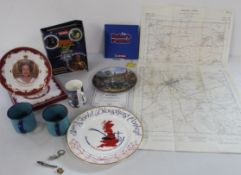 2 local area Ordnance maps, Coronation mugs, celebration plates, pewter items. Tazo collector's