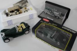 4 diecast model cars 1/18 & 1/24 scale including Burago 1937 Jaguar SS100 (no box), Kyosho Morgan