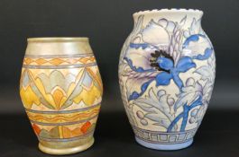Two Bursley Ware Charlotte Rhead vases, Arabesque pattern 17.5cm / Iris pattern 21cm high