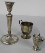 Collection of silver, candlestick 18cm, christening mug and a mustard pot. total weight 7.81ozt