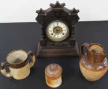 Stoneware jug, double handled tankard, lidded pot and an Ansonia mantel clock h 37cm