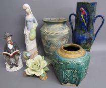 Chinese stoneware ginger jar with green glaze, vase, twin handled vessel with parrot design on