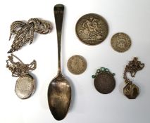 Queen Victoria 1889 crown, George V one shilling 1915, Oscar II 50 ore coin, Jubilee coin, 2