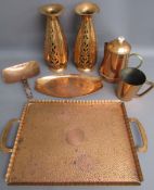 Richard mead hammered copper tray, smaller copper tray, Rhodesian scoop, pierced vases, coffee pot