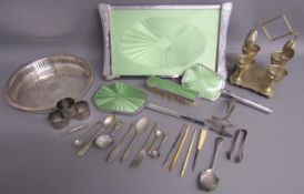 Art Deco dressing table set (brushes worn), silver plate includes eggcups and spoons, napkin