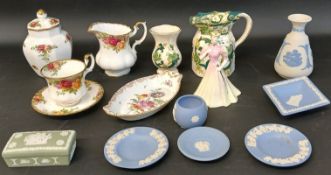 Dresden porcelain pin dish, Masons Chartreuse jug & vase, Royal Albert Old Country Rose jug, pot &