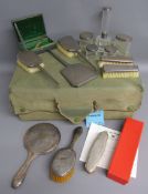 Ladies green leather travel case with L.A.Leins & Sons silver London 1937 lidded jars & 1935 tall