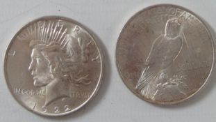 2 x 1922 silver dollar coins
