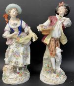 Pair of late 19th/early 20th century Sitzendorf figures, the gardener & his wife (Repair to female's