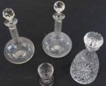 Penny lick glass, pair of shaft & globe decanters 28cm, plus one other cut glass decanter