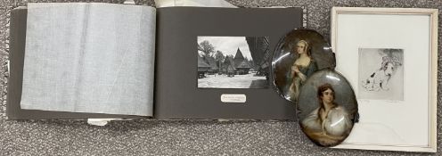 Signed early 20th century etching of a bandaged fox hound puppy, 2 portraits on convex glass & an