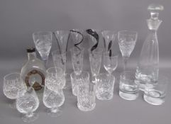 Drinking glasses includes decanter and tumblers with golf ball design to base, brandy glasses,