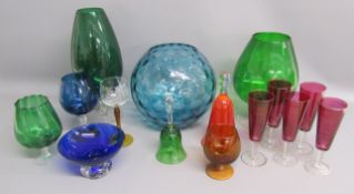 Coloured glass includes large dimple vase, oversized glasses, bowls, bells, glasses etc
