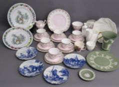 Collection of ceramics includes green Wedgwood jasperware vase and plates, Coalport plate jug and