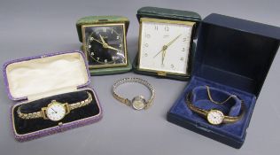 3 ladies watches and 2 travel clocks - Accurist SR 621Sw - Gradus 9ct rolled gold front & back strap